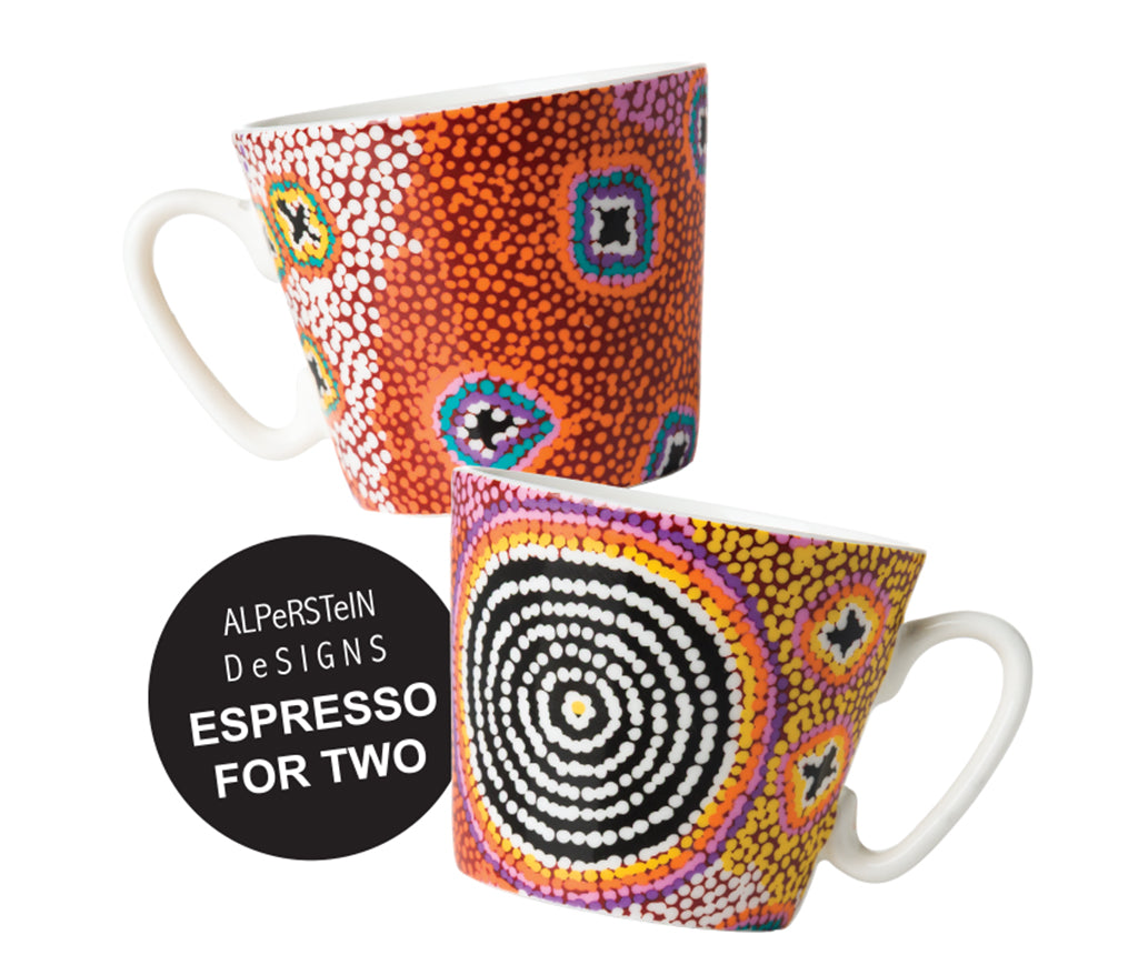 Ruth Stewart Aboriginal Art Espresso Cups. Gift set of 2. Fine Bone China