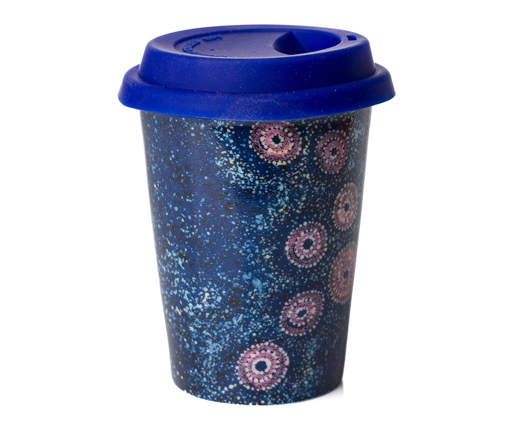 Alma Granites Aboriginal Art Double walled coffee mug with silicone lid