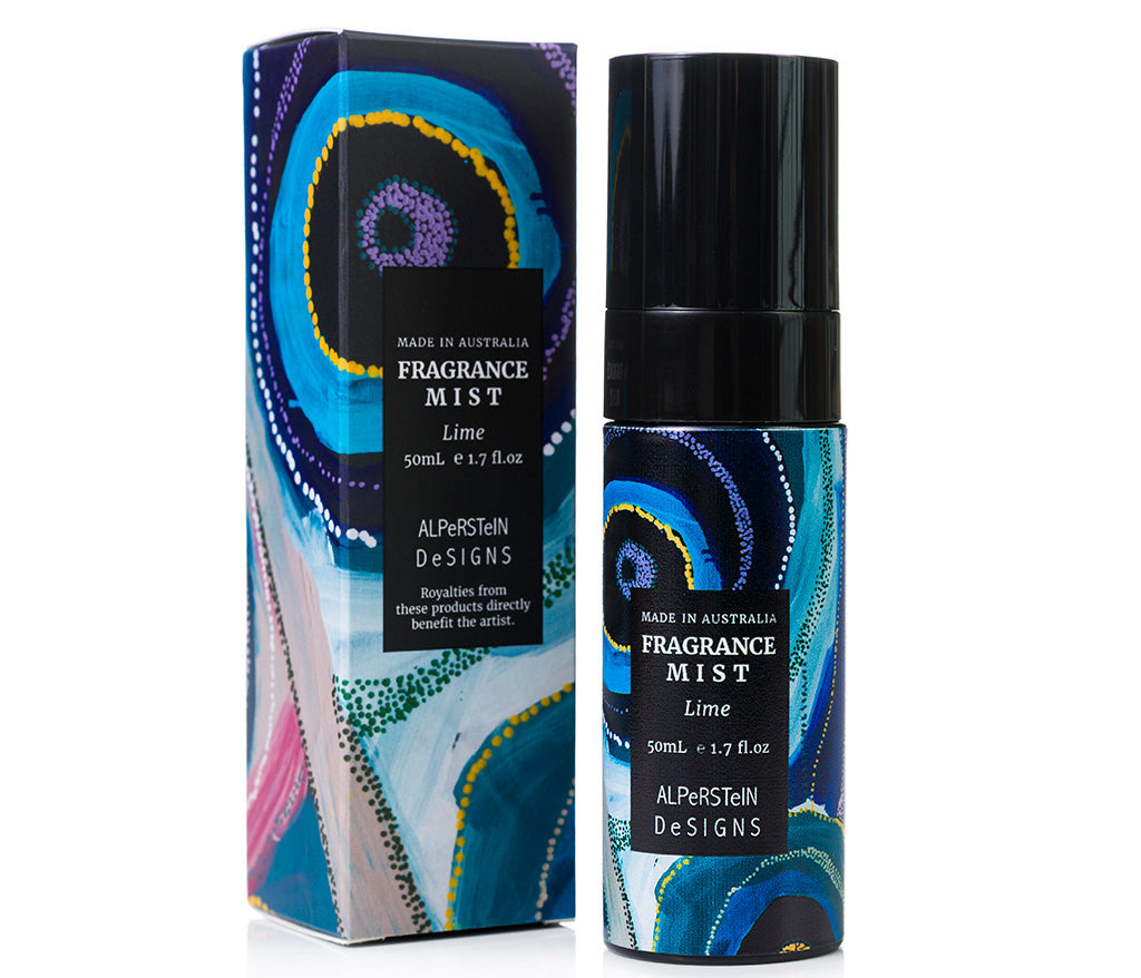 Fragrance mist bottle and packaging with colorful design on a white background