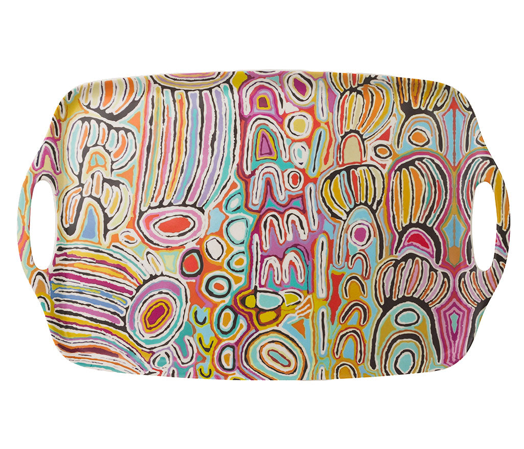 A rectangular bamboo/melamine serving tray with integrated side handles, featuring Aboriginal artwork by Judy Napangardi Watson from Warlukurlangu Artists. Image on a white background.