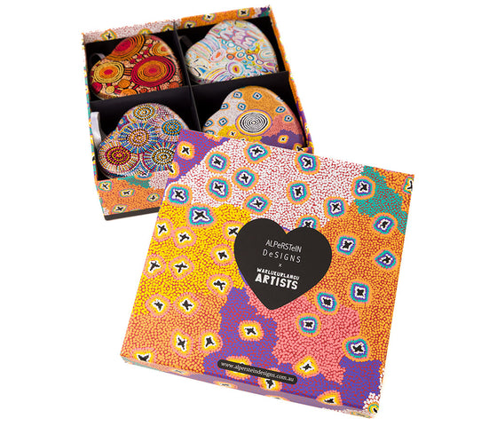 Aboriginal Art Heart Shaped Tins packaged in a Gift Box set of 4.