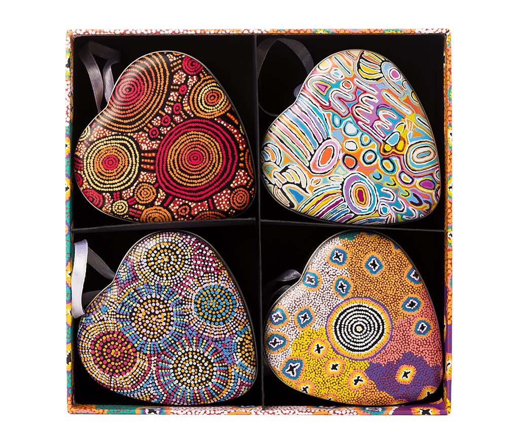 Aboriginal Art Heart Shaped Tins packaged in a Gift Box set of 4.
